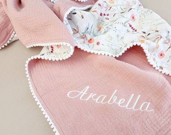 Organic floral baby blanket, personalised muslin swaddle pom pom blanket made with soft organic cotton, new baby gift