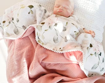 Personalized Floral Baby Blanket, Organic Muslin Swaddle, Custom Name Gift