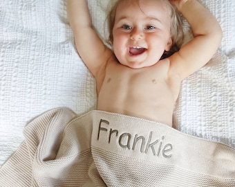 Personalised hem baby blanket. 100% cotton knit baby blanket with embroidered name, new baby blanket, baby shower gift for boy or girl.