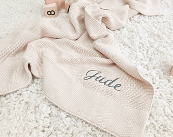 Soft knit baby blanket personalised with embroidered name. Knitted cotton custom baby blanket, new baby gift for boy or girl