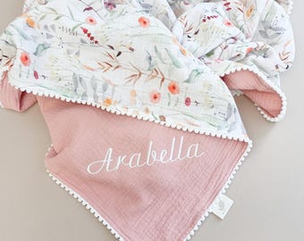 Wildflower Baby blanket, Personalized Organic Muslin Swaddle Blanket, Floral New Baby Girl Gift