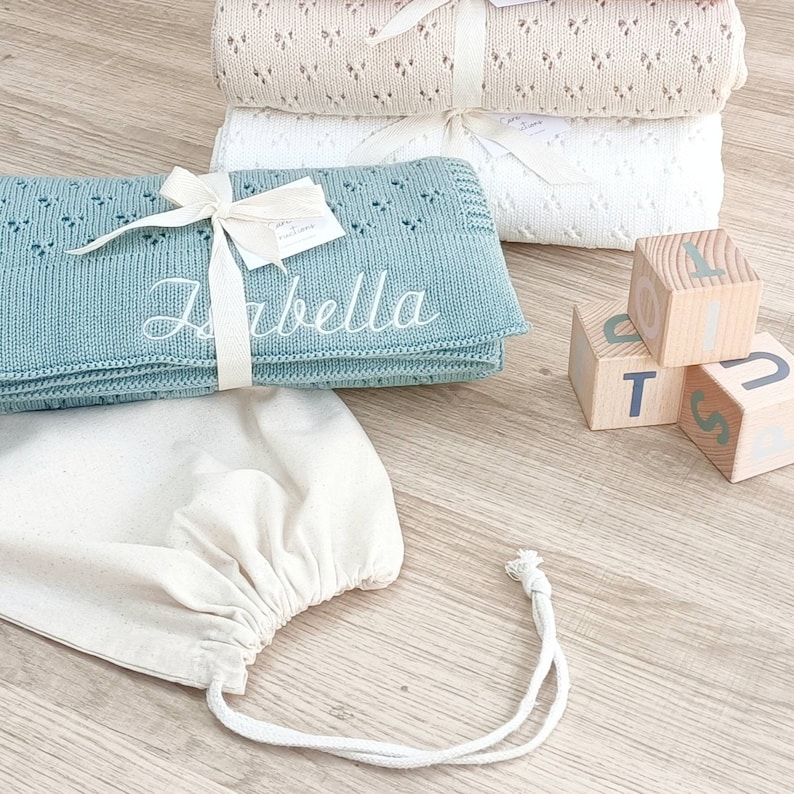 Pointelle knit blanket, soft cotton heirloom blanket, classic cellular baby blanket can be personalised, new baby gift for girl or boy image 7