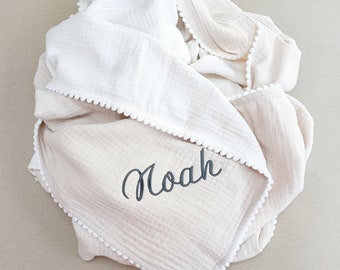 Organic muslin personalised baby blanket, pom pom swaddle blanket. Large baby blanket. Beige baby blanket for neutral nursery.