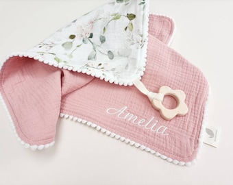 Organic floral comforter & wooden teether gift for baby girl. Personalised pacifier blanket made from soft organic muslin