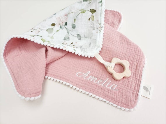 Organic floral comforter & wooden teether gift for baby girl. Personalised pacifier blanket made from soft organic muslin