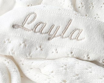 Personalized Knit Baby Blanket, Embroidered Name, Soft Cotton Cellular Blanket