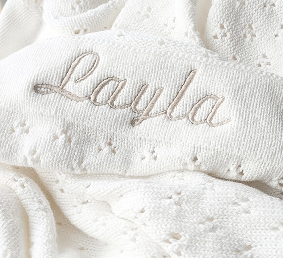 Personalized Knit Baby Blanket, Embroidered Name, Soft Cotton Cellular Blanket