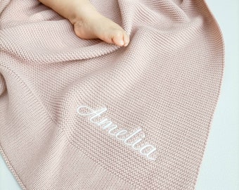 Personalized Knit Baby Blanket, Embroidered Name, Cotton Newborn Gift