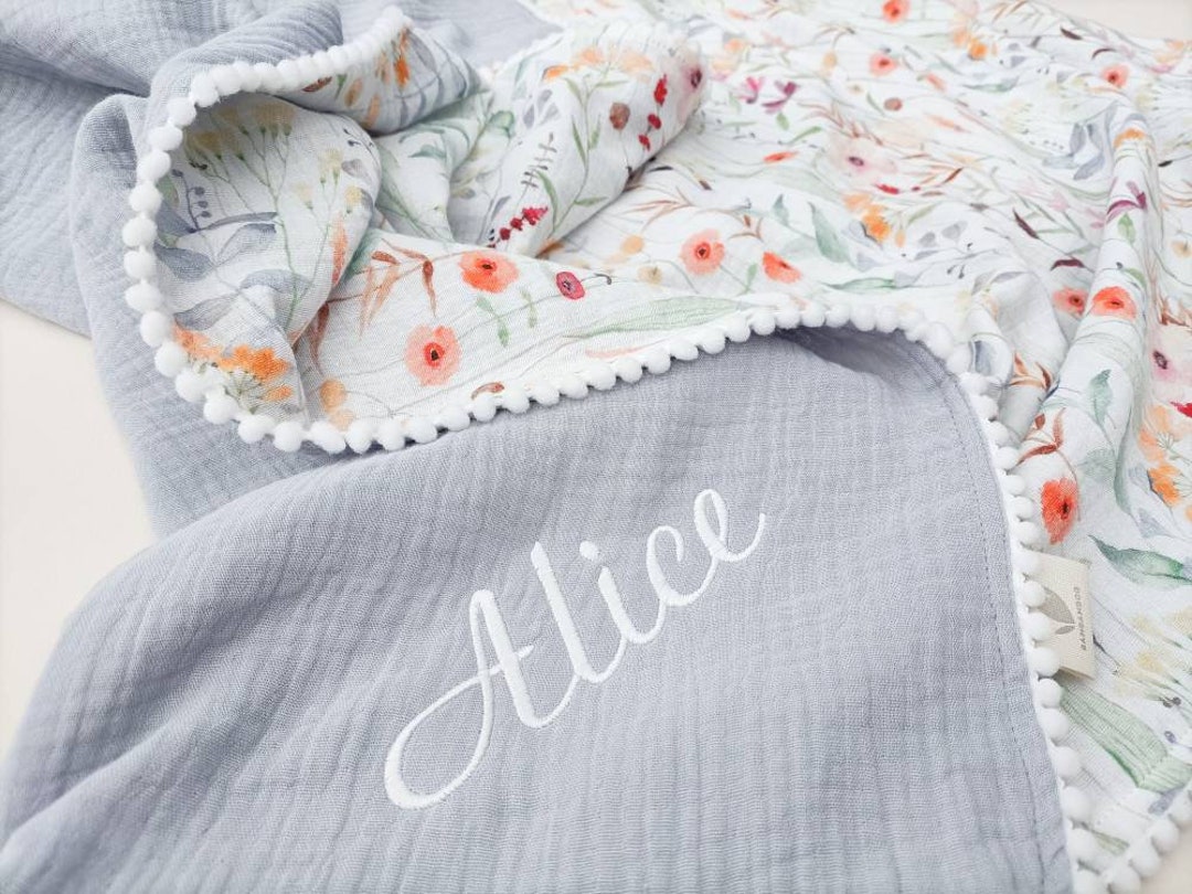 Floral Baby Blanket With Embroidered Name, Baby Girl Muslin Blanket