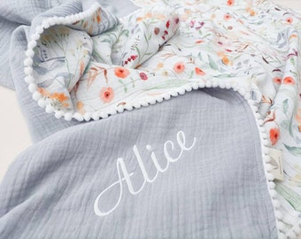 Floral Embroidered Name Baby Blanket, Organic Muslin Cotton