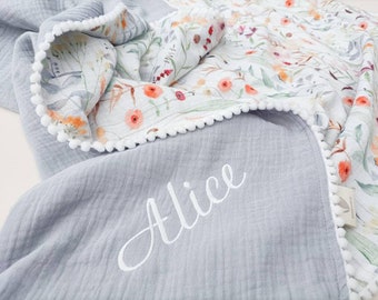 Floral baby blanket with embroidered name, baby girl muslin blanket made with soft organic cotton, custom baby gift