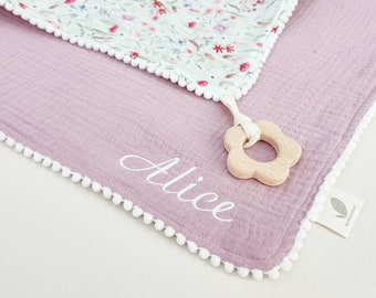 Wildflower baby snuggle blanket & wooden teether gift for baby girl. Personalised pacifier blanket made from soft organic muslin.