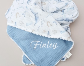 Personalized Ocean Baby Blanket, Organic Muslin Whale Swaddle