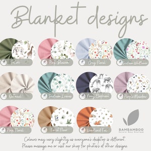 May include: A display of baby blanket designs with various patterns and colors. Designs include Safari, Pink Blossom, Grey Floral, Seafoam Wildflower, Oatmeal, Seafoam Leaves, Navy Elephant, Purple Meadow, Pink Floral, Forest Floor, and Woodland Fox.