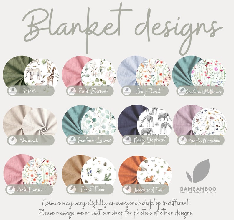 May include: A display of baby blanket designs with various patterns and colors. Designs include Safari, Pink Blossom, Grey Floral, Seafoam Wildflower, Oatmeal, Seafoam Leaves, Navy Elephant, Purple Meadow, Pink Floral, Forest Floor, and Woodland Fox.
