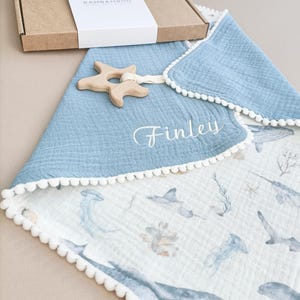 Ocean Baby Comforter with Wooden Teether, Organic Muslin security blanket