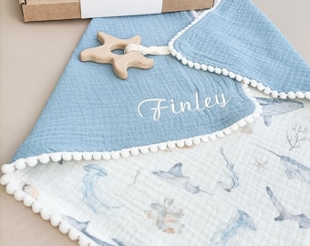 Ocean Baby Comforter with Wooden Teether, Organic Muslin security blanket