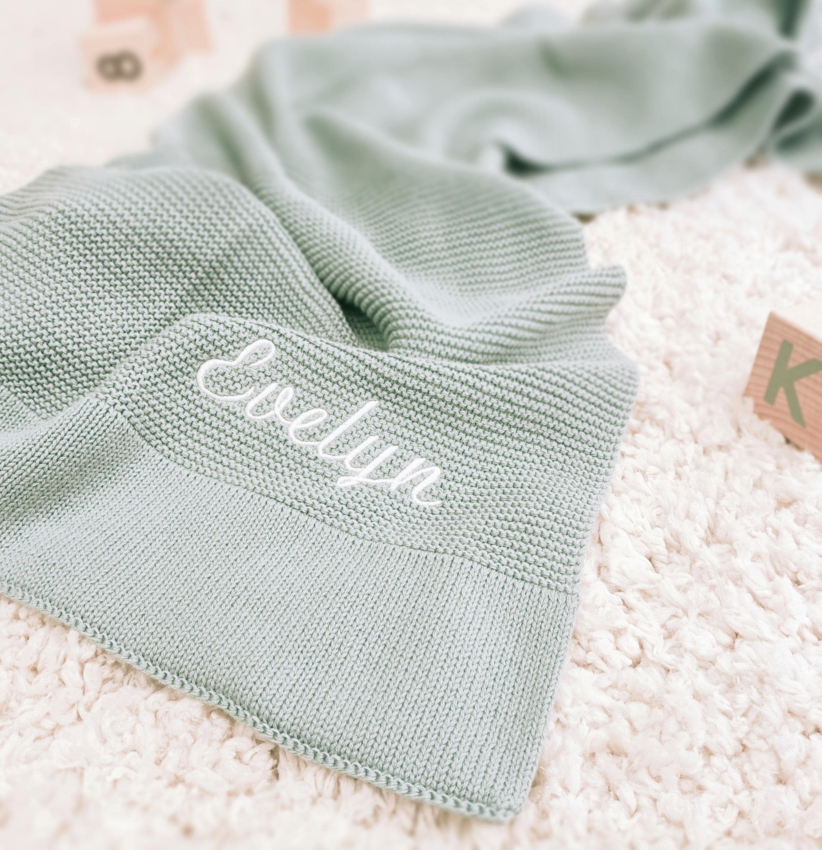Personalized Baby Blanket - Custom Name Embroidered Cotton Knit Newborn Gift