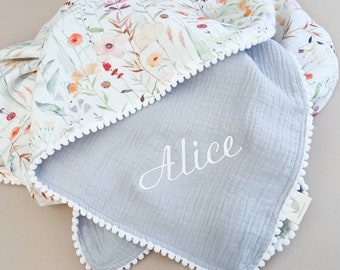 Personalised floral swaddle, muslin pom pom blanket made with soft organic cotton, large baby blanket for newborn