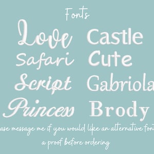 May include: A light blue background with white text listing different font options for a personalized item. The text reads: "Fonts Love Castle Safari Cute Script Gabriola Princess Brody Please message me if you would like an alternative font or a proof before ordering."