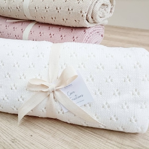Personalized White Knit Baby Blanket, Cotton Pointelle Heirloom Blanket