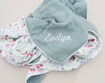 Wildflower floral baby blanket, personalised muslin blanket made with 4 layers of soft organic cotton, custom name new baby girl/boy gift