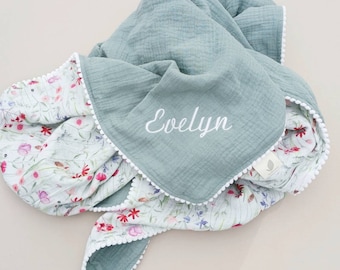 Wildflower floral baby blanket, personalised muslin blanket made with 4 layers of soft organic cotton, custom name new baby girl/boy gift