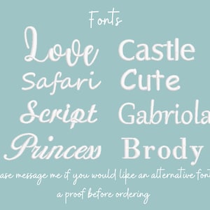 May include: A light blue background displays the word "Fonts" above a list of white font names: Love, Castle, Safari, Cute, Script, Gabriola, Princess, and Brody. Text at the bottom encourages alternative font requests.