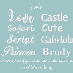 May include: A light blue background displays the word "Fonts" above a list of white font names: Love, Castle, Safari, Cute, Script, Gabriola, Princess, and Brody. Additional text is at the bottom.