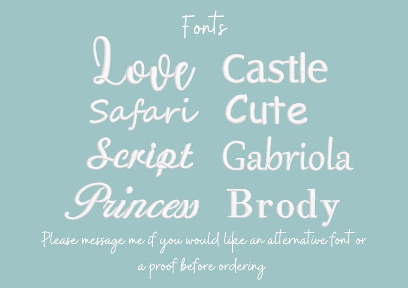 May include: A light blue background displays the word "Fonts" above a list of white font names: Love, Castle, Safari, Cute, Script, Gabriola, Princess, and Brody. Additional text is at the bottom.