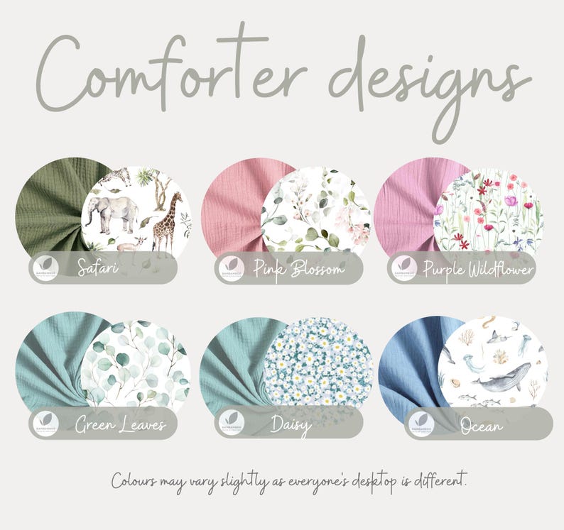 Op de afbeelding: Afbeelding met zes dekbedontwerpen: Safari, Pink Blossom, Purple Wildflower, Green Leaves, Daisy en Ocean. Elk ontwerp heeft een stofstaal en een patroon inzetstuk. De tekst luidt "Comforter designs."