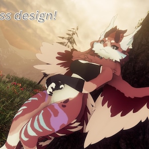 May include: A digital illustration of a fantasy creature with red, white, and purple markings, and large feathered wings. The text "Seamless design!" is displayed in the upper left corner. The background features a mountain landscape.