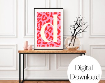 Preppy dorm art. preppy initial art. pink and red wall art. cheetah print wall art. Digital wall art. digital download. dorm entry wall art.