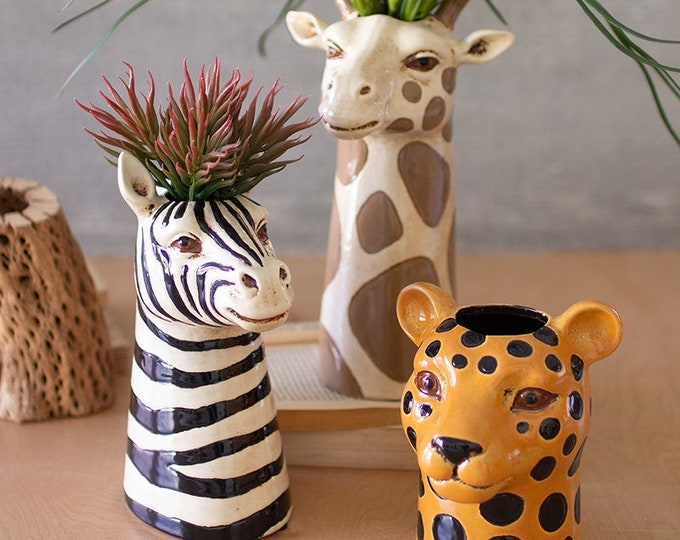 Set of Three Ceramic Safari Animal Succulent Planters