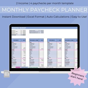 Excel Monthly Budget Planner | 2 Income 4 Paycheck Template | Expense Tracker| Budget Template | Personal Finance | Easy to Use
