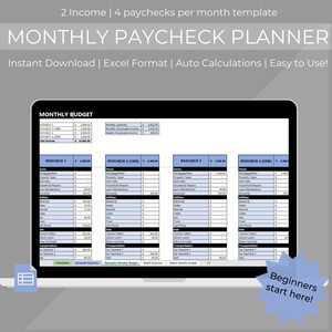 Excel Monthly Budget Planner | 2 Income 4 Paycheck Template | Expense Tracker| Budget Template | Personal Finance | Easy to Use