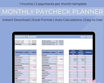 Excel Monthly Budget Planner | 2 Income 4 Paycheck Template | Expense ...