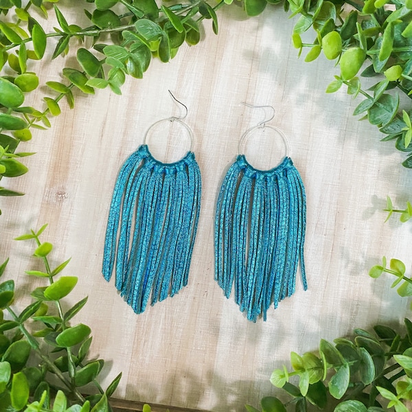 Metallic Turquoise Leather Fringe Earrings, Fringe Leather Earrings, Hoop Fringe Earrings, Boho Leather Earrings, Turquoise Fringe