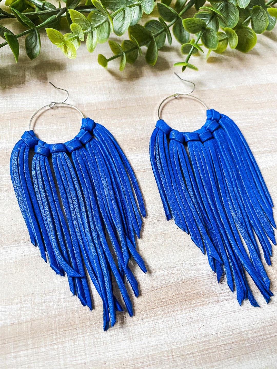 Cobalt Blue Leather Fringe Earrings, Fringe Leather Earrings, Hoop