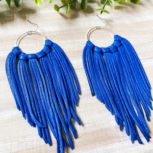 Cobalt Blue Leather Fringe Earrings, Fringe Leather Earrings, Hoop Fringe Earrings, Boho Leather Earrings, Bright Blue Fringe, Cobalt Blue
