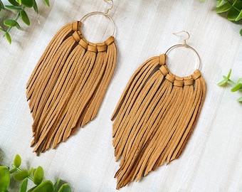 Saddle Leather Fringe Hoop Earrings, Boho Western Style