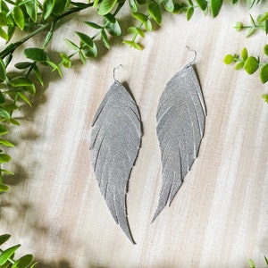 Genuine leather silver shimmer feather earrings, silver leather earrings, fringe earrings, leather earrings, leather fringe