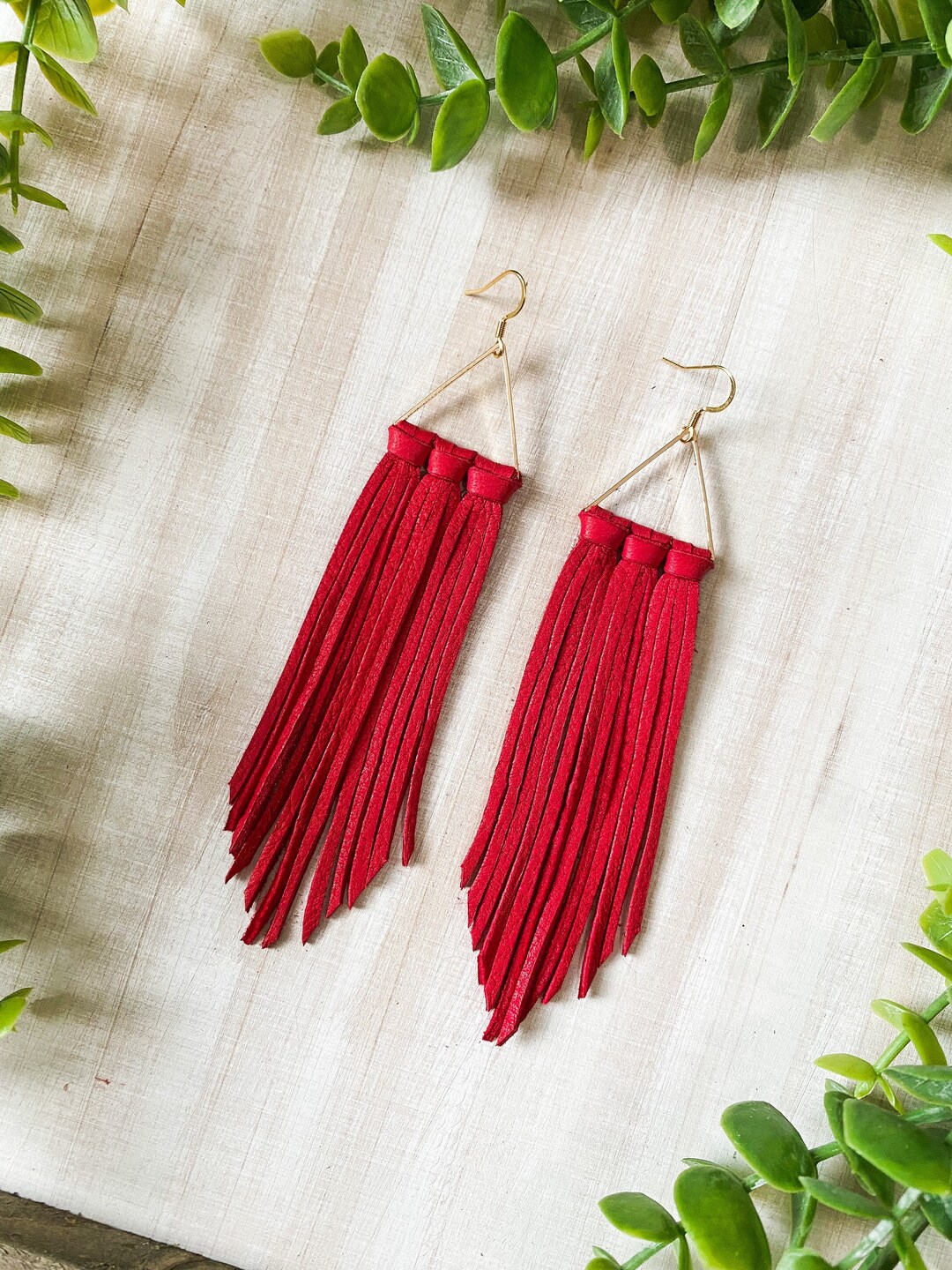 Red Leather Fringe Earrings, Fringe Leather Earrings, Hoop Fringe