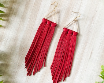 Red Leather Fringe Earrings, Fringe Leather Earrings, Hoop Fringe Earrings, Boho Leather Earrings, Gifts for Her, Bachelorette Earrings