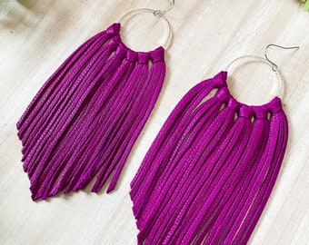 Magenta Leather Fringe Earrings, Fringe Leather Earrings, Hoop Fringe Earrings, Boho Leather Earrings, Purple Fringe