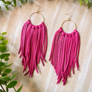 Hot Pink Leather Fringe Earrings, Fringe Leather Earrings, Hoop Fringe Earrings, Boho Leather Earrings, Gifts for Her, Bachelorette Earrings