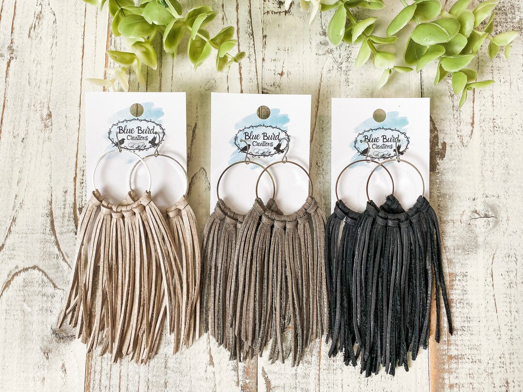 Boho Leather Fringe Hoop Earrings - Etsy