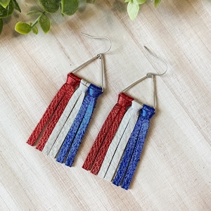 Red White Blue Leather Fringe Earrings, Patriotic Earrings, Memorial Day, July 4th, Fourth of July Earrings, America, Fringe Earrings