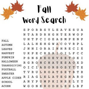 Fall Word Search Puzzle with Answer Sheet| Autumn Word Search Seasonal Games| Seasonal Puzzles| Family Activities| Children&#39;s Puzzles