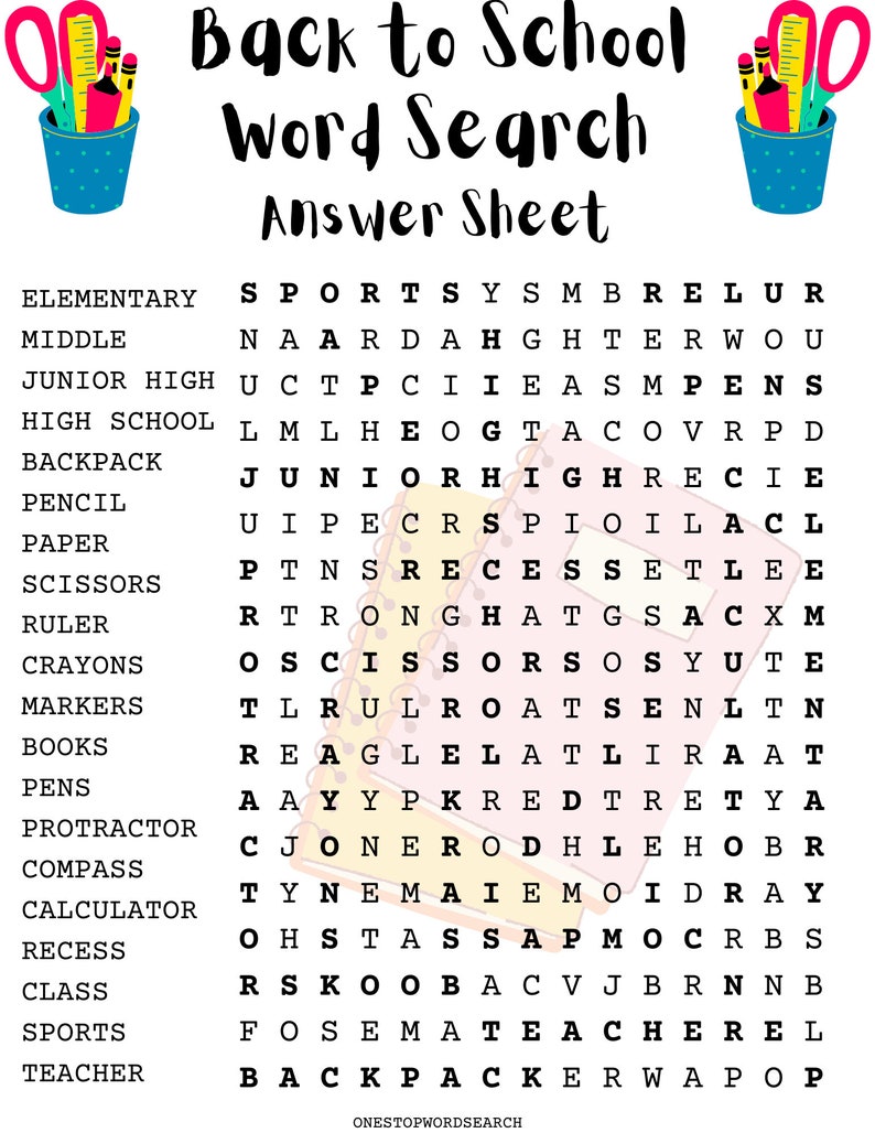 Back to School Word Search Puzzle with Answer Sheet Family Activities Children's Puzzles School Puzzles School Games image 2